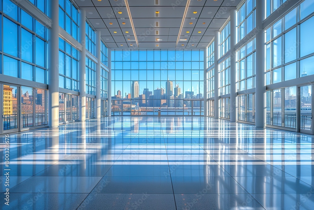 A modern commuter train station with floor-to-ceiling windows, offering passengers sweeping views of the urban skyline and a sense of connectivity A modern commuter train station with floor-to-ceiling windows, offering passengers sweeping views of the urban skyline and a sense of connectivity