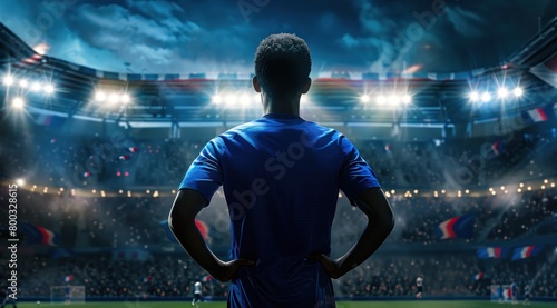 Football, un homme de dos regardant le stade, portant un maillot bleu.