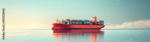 Simple and clean graphic of a container ship in transit, illustrated on a serene pastel blue backdrop, highlighting international transportation