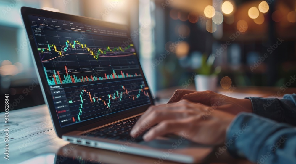 Une personne utilisant un ordinateur portable pour interagir avec des données financières à l'écran. Une personne utilisant un ordinateur portable pour interagir avec des données financières à l'écran.
