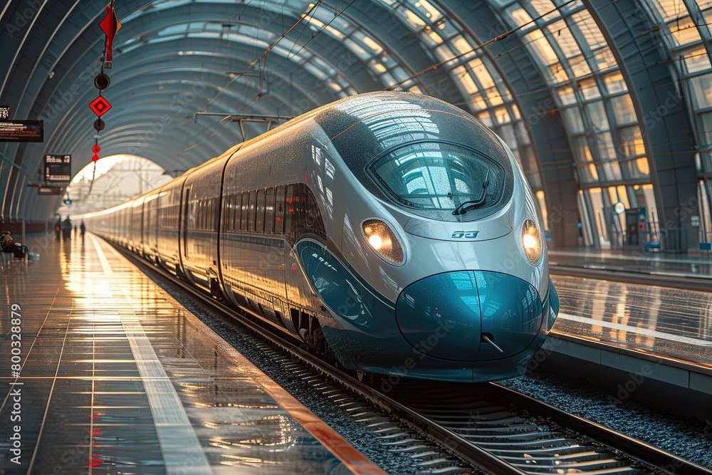 Fototapeta premium A modern high-speed train entering a gleaming, glass-enclosed station, representing the pinnacle of modern transportation