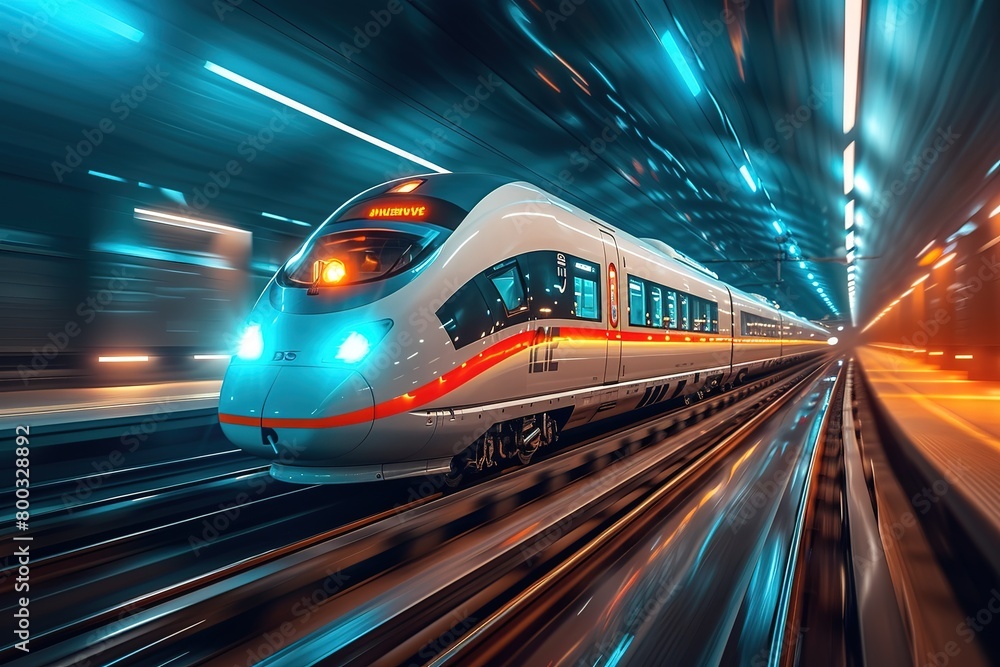 A modern high-speed train racing through a sleek, elevated tunnel system, defying the laws of physics A modern high-speed train racing through a sleek, elevated tunnel system, defying the laws of physics