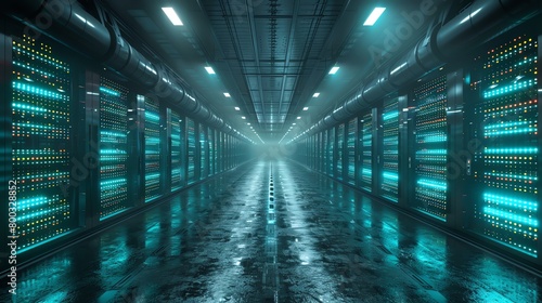 A long, dark hallway with rows of glowing green computer servers on both sides. The floor is made of reflective black marble. photo