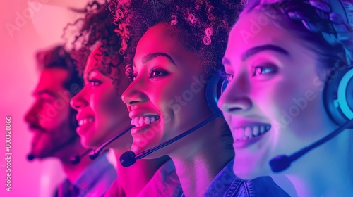 Artistic collage of smiling customer service agents in a call center, superimposed over a soft lavender pastel background, conveying friendliness and approachability