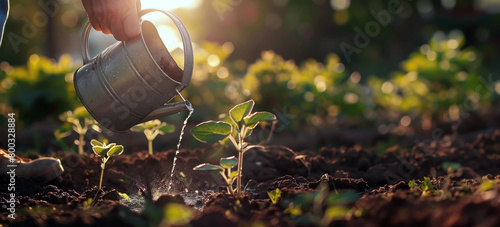 Une jeune plante est arrosée avec un arrosoir lors d'une journée ensoleillée dans un jardin, image avec espace pour texte. photo