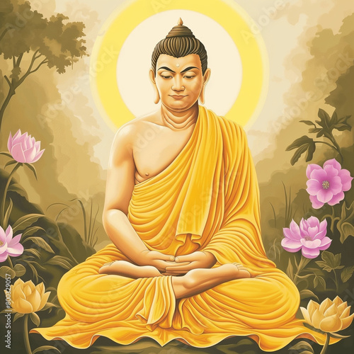 Gautama Buddha in nature. Peace, wisdom, silence, sunset. Buddha Purnima, festival, celebration, Buddhism, eastern philosophy. Siddhārtha with halo meditates among the flowers and plants.