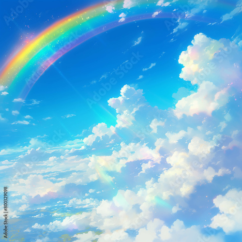 A bright rainbow arcs across a clear blue sky with fluffy white clouds.