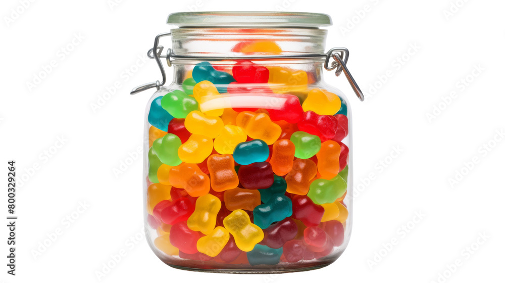 Glass jar filled with colorful gummy bears, creating a vibrant and playful display Glass jar filled with colorful gummy bears, creating a vibrant and playful display