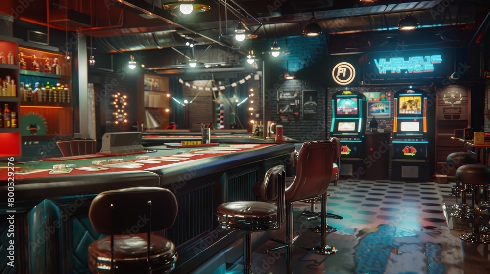 Naklejka premium Realism style 3D Modeling of game mechanics demonstration, focusing on the tactile experience of handling game pieces and cards, set in a sharp, photorealistic gaming cafe