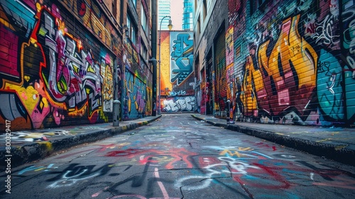 Street art of a graffiticovered urban alley, with a chaotic blend of colors and detailed layering photo