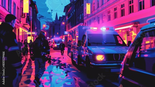 Vector art of augmented reality in public safety, shown in a busy urban emergency scene with neon expressionistic details