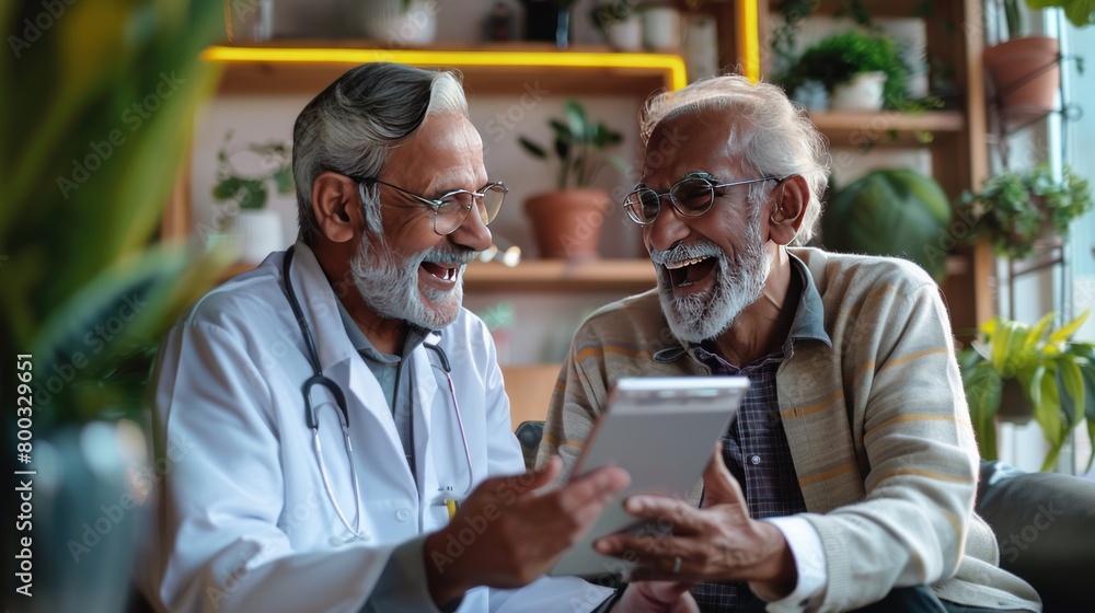 In a practitioner's office, a cheerful young geriatric doctor and his senior Indian patient engage in a lively discussion about modern technology and healthcare. In a practitioner's office, a cheerful young geriatric doctor and his senior Indian patient engage in a lively discussion about modern technology and healthcare.