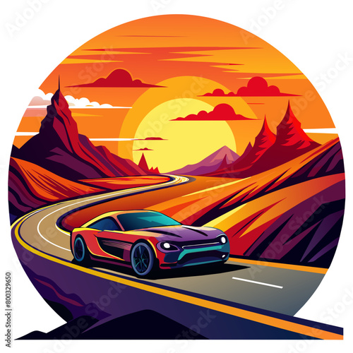 Fototapeta Naklejka Na Ścianę i Meble -  vibrant vector illustration capturing the silhouette of a sleek car cruising along a winding road against a backdrop of a fiery sunset sky