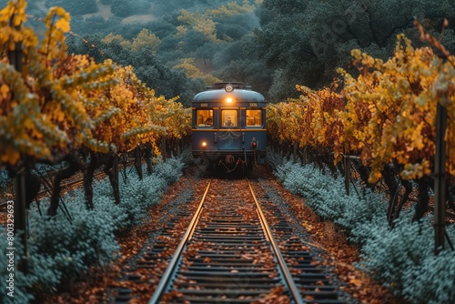 A passenger train traveling through a picturesque vineyard, with rows of grapevines heavy with ripe, plump grapes