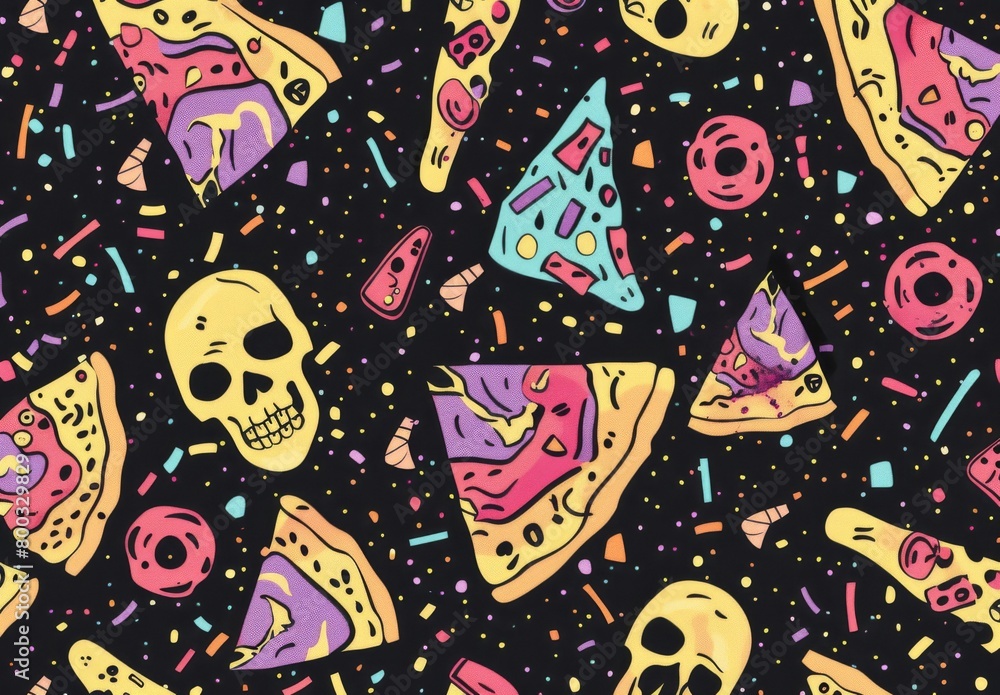 Fototapeta premium Minimal pizza background with confetti, skull, 80s-90s trend art, badge, cartoon, colorful, comic, cool design, disco, doodle, drawing, drug element, fabric, fashion, food, fun