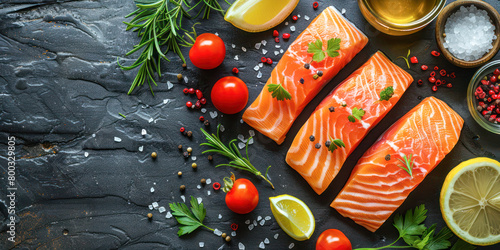 Fresh Salmon Fillets with Herbs and Tomatoes. Raw salmon fillets adorned with herbs, black pepper, and surrounded by ripe cherry tomatoes and lemon, ready for a healthy meal preparation.