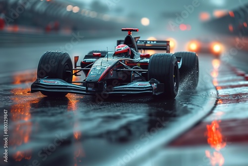 A professional car racer taking a tight corner on a challenging racetrack, tires gripping the asphalt © Create image