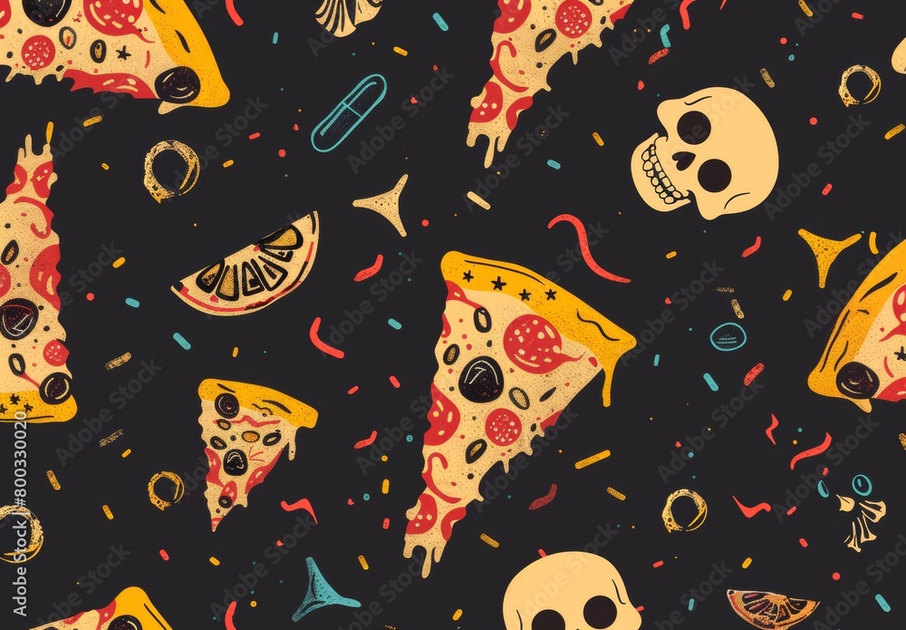 Minimal pizza background with confetti, skull, 80s-90s trend art, badge, cartoon, colorful, comic, cool design, disco, doodle, drawing, drug element, fabric, fashion, food, fun Minimal pizza background with confetti, skull, 80s-90s trend art, badge, cartoon, colorful, comic, cool design, disco, doodle, drawing, drug element, fabric, fashion, food, fun