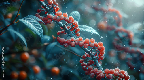 A close up of a branch with red berries on it. The berries are frozen and appear to be in a spiral shape. The image has a serene and peaceful mood photo