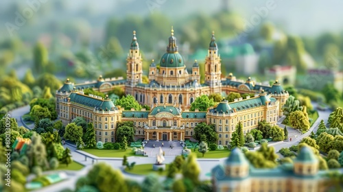 A highly detailed miniature model of Schonbrunn Palace. The palace is surrounded by lush gardens and trees, with a fountain in the front. photo
