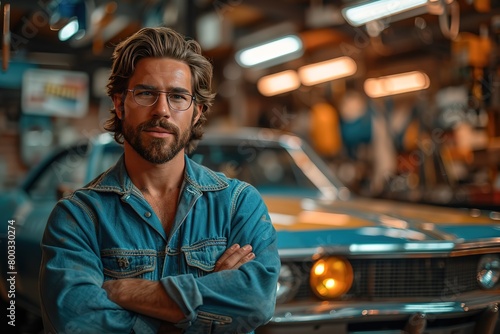 A skilled mechanic performing intricate engine surgery on a classic muscle car, surrounded by an organized chaos of tools and parts