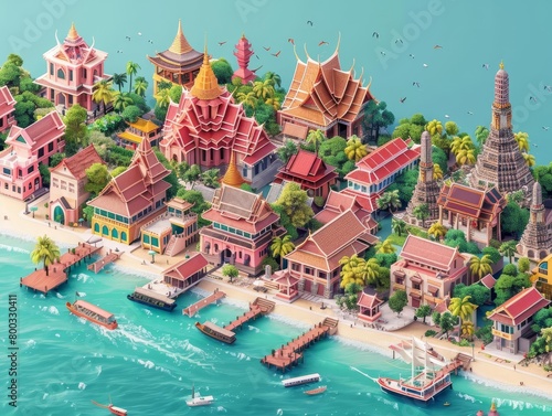 An isometric view of a tropical island with a beach, palm trees, and a small village. The village has a few houses, a temple, and a dock. There are also some boats in the water.
