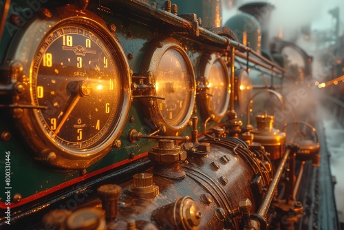 A steam locomotive's cab interior, with gauges and controls bathed in warm, soft light, creating an inviting atmosphere © Create image