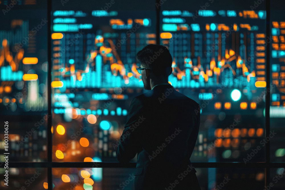 Business man investor thinking on financial exchange business investment management strategy looking at global market data world trade charts technology background concept. Rear back view. Business man investor thinking on financial exchange business investment management strategy looking at global market data world trade charts technology background concept. Rear back view.