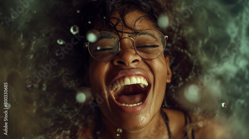 A vibrant underwater close-up of a joyful woman laughing, with bubbles around her and glasses covered in water droplets.  © krit