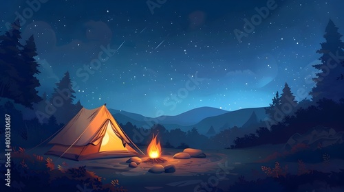 Cozy Overnight Camping Adventure in Starry Mountain Wilderness Landscape © pkproject