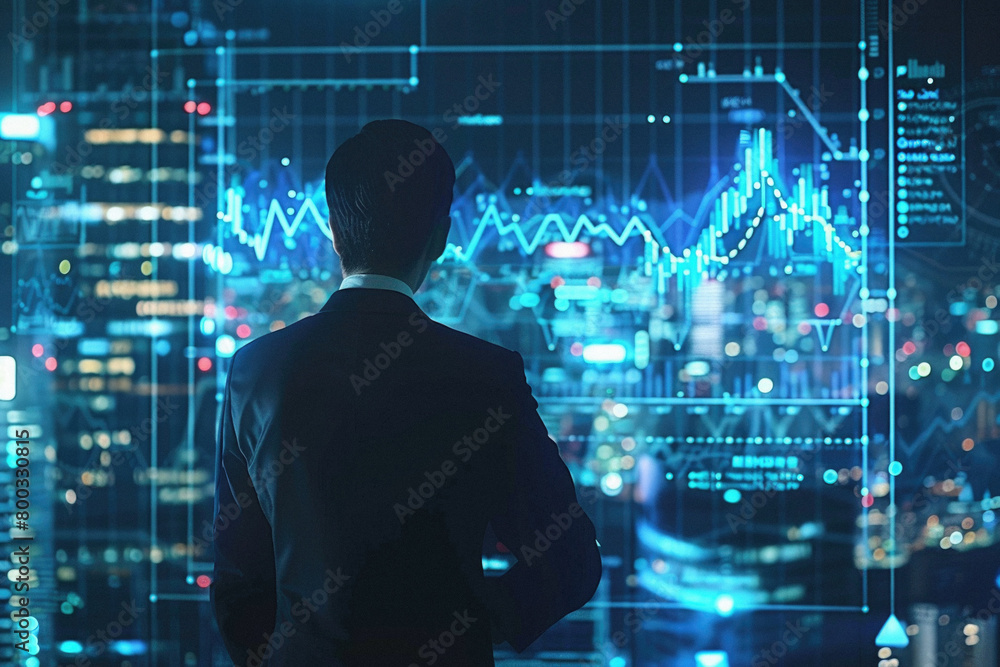 Business man investor thinking on financial exchange business investment management strategy looking at global market data world trade charts technology background concept. Rear back view. Business man investor thinking on financial exchange business investment management strategy looking at global market data world trade charts technology background concept. Rear back view.
