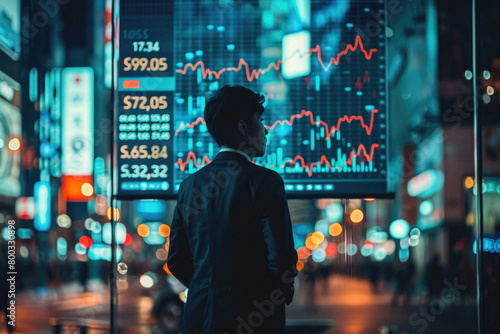 Business man investor thinking on financial exchange business investment management strategy looking at global market data world trade charts technology background concept. Rear back view.