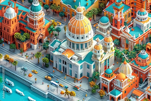 Create an isometric city. Make the buildings look like they are made of clay. Include a large church in the center. Make the streets look busy with people and cars.