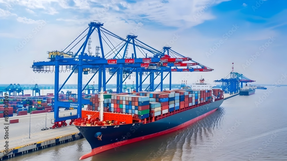 Large Container Ship Loaded with Cargo Containers at Busy Seaport Crane Large Container Ship Loaded with Cargo Containers at Busy Seaport Crane