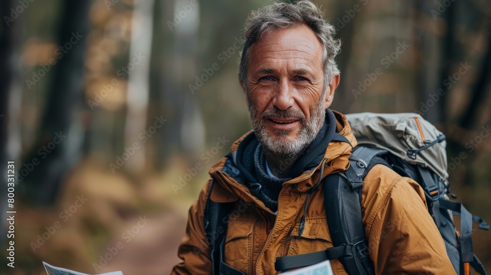 Mature hiker with a backpack smiling in the forest