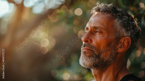 Close-up portrait of a contemplative mature man with natural backdrop