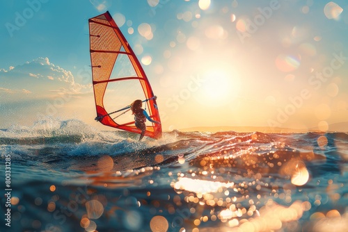 Child windsurfer catching waves at sunset on the ocean photo