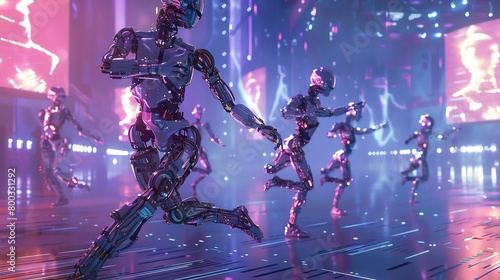Illustrate a scene where robotic dancers