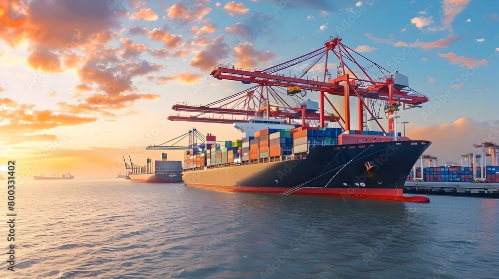 Naklejka premium Cargo Ship at Sunset in Busy Commercial Seaport