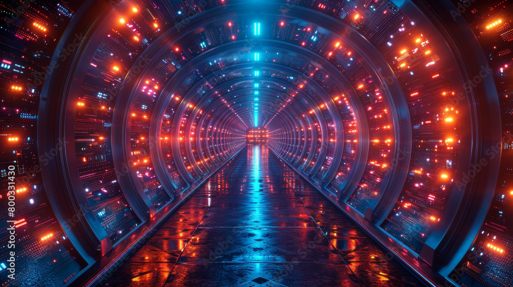 A tunnel with lights on the walls and ceiling. The tunnel is long and narrow. The lights are bright and colorful. The tunnel seems to be a futuristic or sci-fi setting