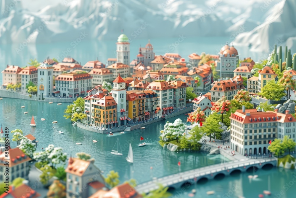 Obraz premium A beautiful lakeside city with snow-capped mountains in the background. The city is full of colorful buildings and sailboats dot the lake.