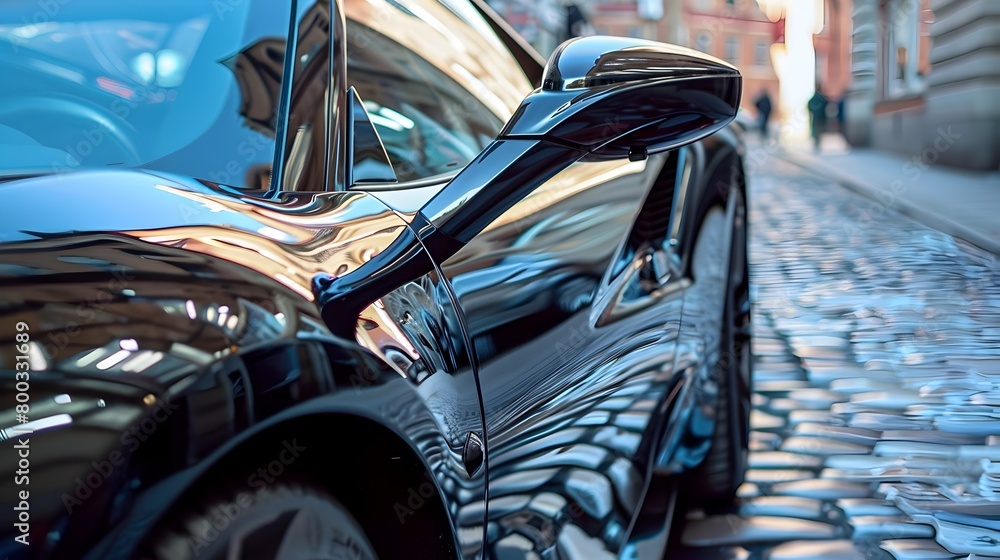 Gleaming Sports Car Reflecting Sleek Urban Landscape
