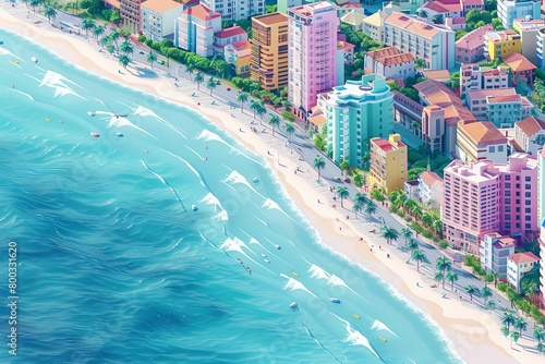 An illustration of a costal city. The city is full of colorful buildings and the beach is full of people. © PrusarooYakk
