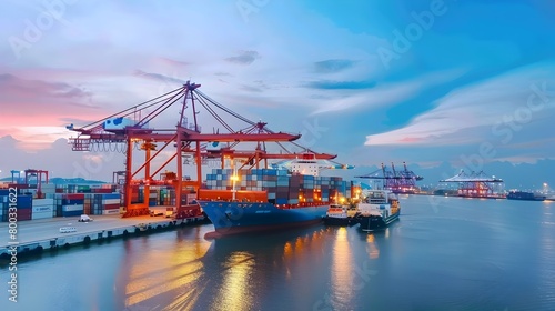 Bustling Container Port at Sunset with Cranes and Cargo Ships