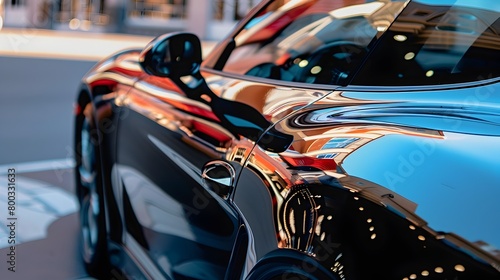 Glossy Sports Car Reflecting Sleek Urban Landscape in Sophisticated Design