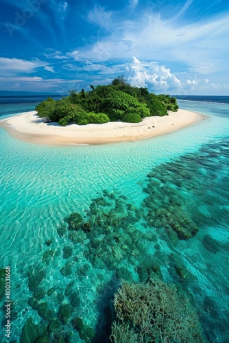 Tropical island with white sand beach over turquoise waters and coral reefs. generative ai