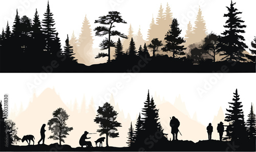 Trees silhouettes. Forest and park pines firs and spruces, coniferous and deciduous trees.