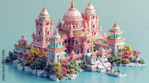 A beautiful and detailed painting of a pink palace. The palace is surrounded by trees and has a blue moat around it. The sky is a light blue and the sun is shining.