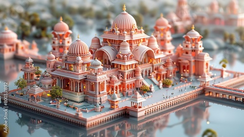 An incredibly detailed miniature model of a pink palace. The palace is surrounded by a moat and has intricate details. photo