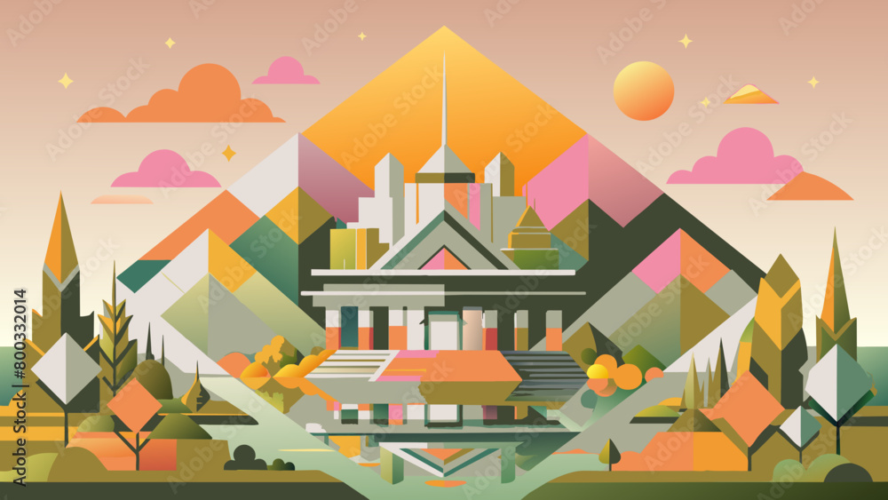 Geometric Landscape Illustration with Modern Abstract Architecture